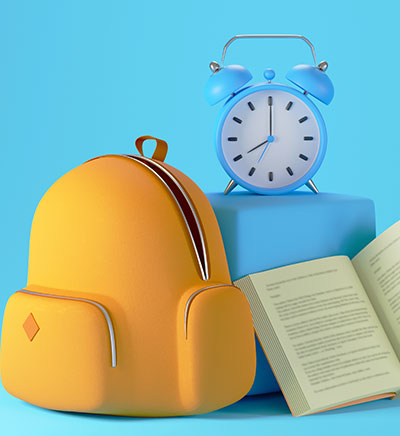 A backpack, alarm clock, and a book